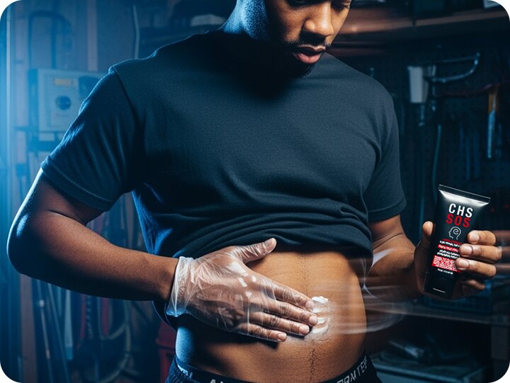 Applying cream to abdomen